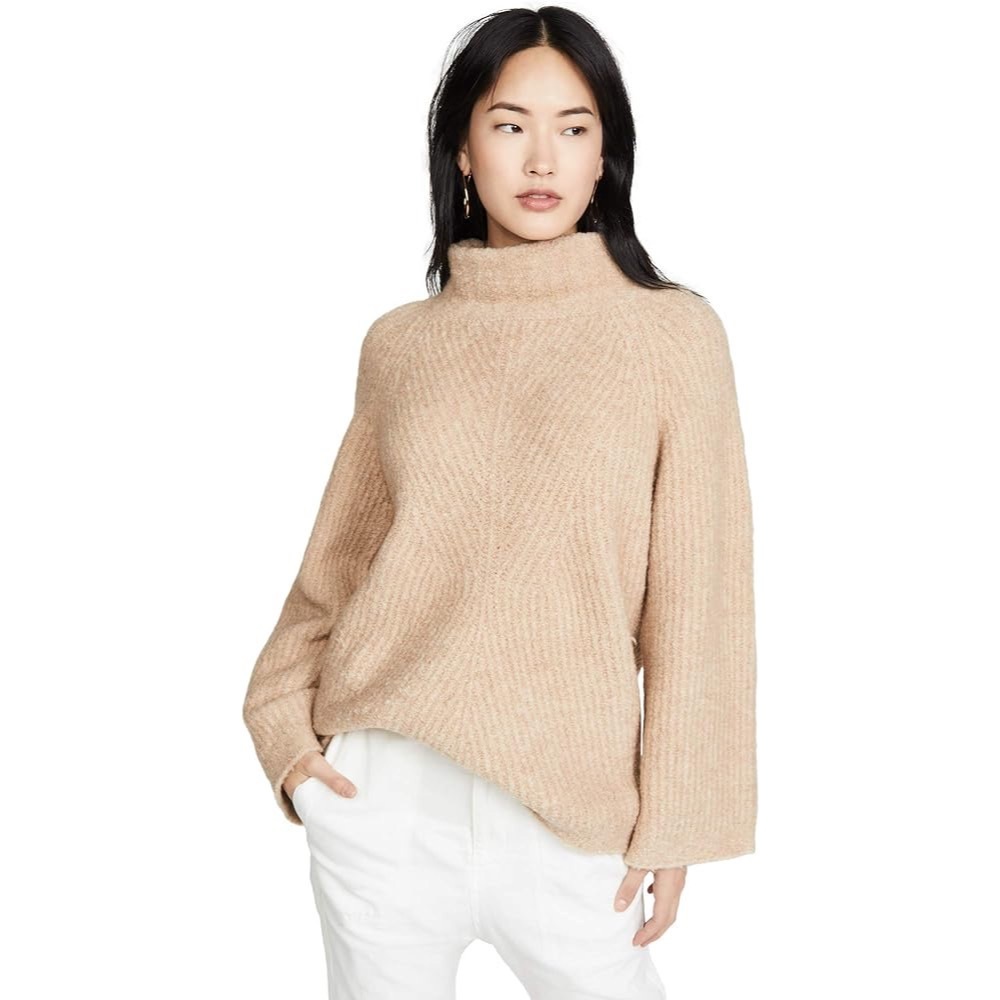 Theory Moving Rib Camel Hair Boucle Turtleneck Beige Tan Wool Chunky Sweater